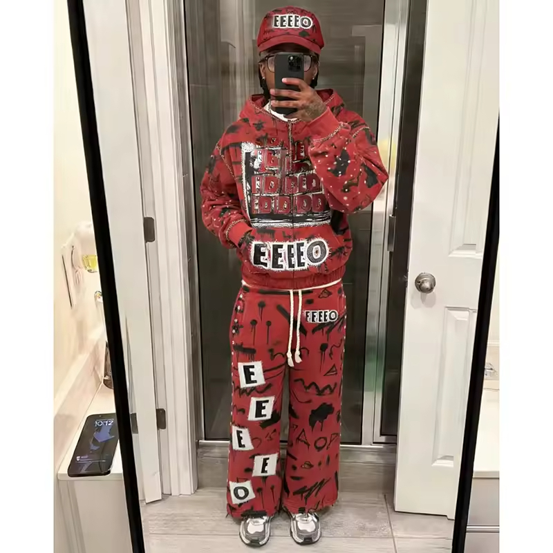 Distressed Rhinestone Sweatpants and Hoodie Set Men
