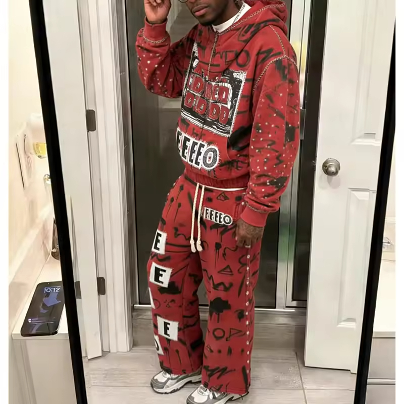 Distressed Rhinestone Sweatpants and Hoodie Set Men