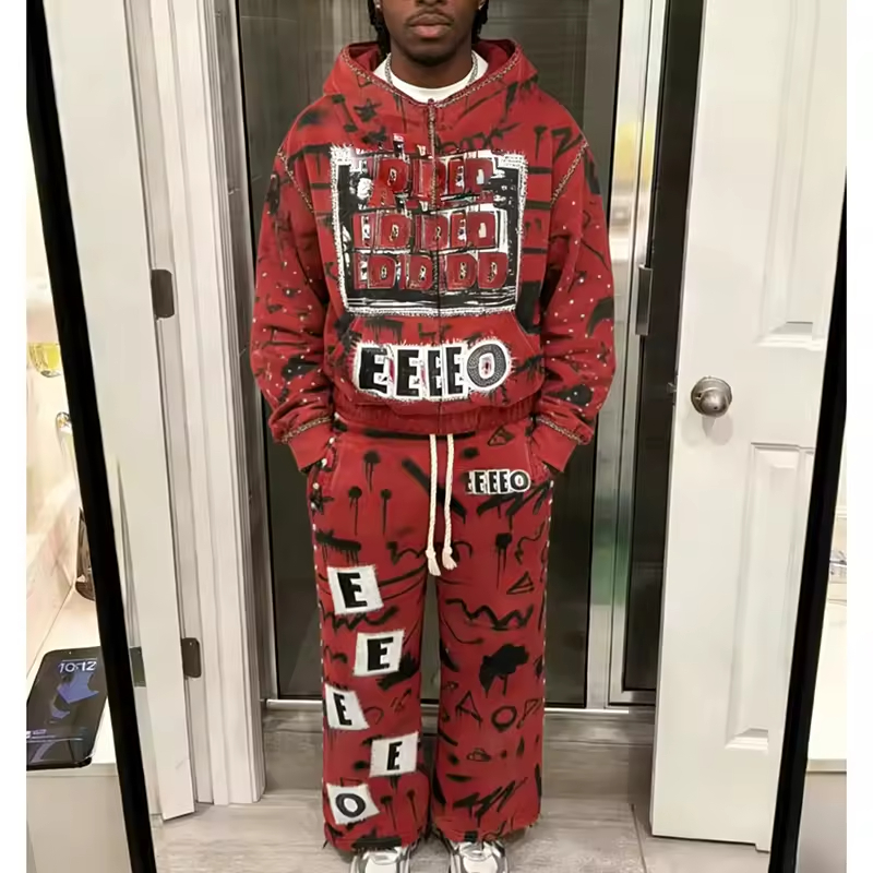 Distressed Rhinestone Sweatpants and Hoodie Set Men