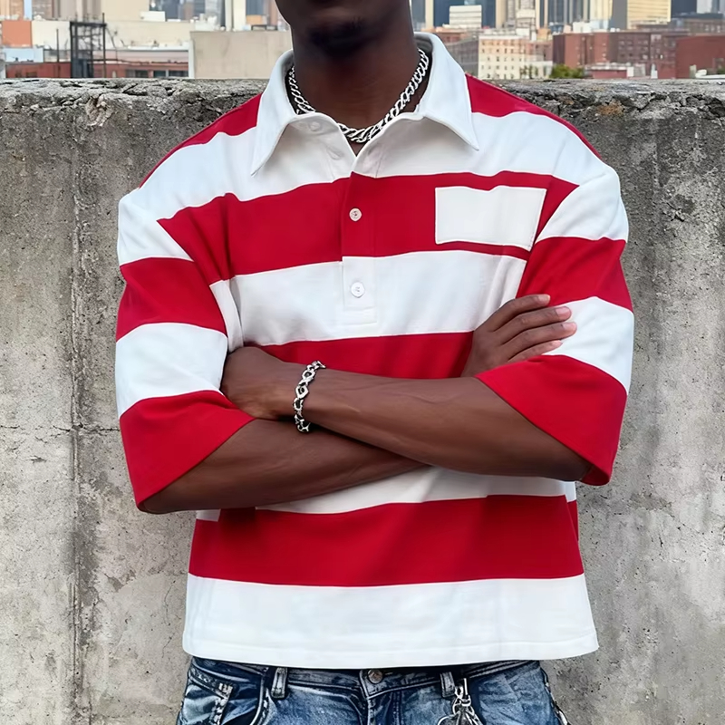 Classic Retro Stripe Pattern Casual Oversized Polo Shirt