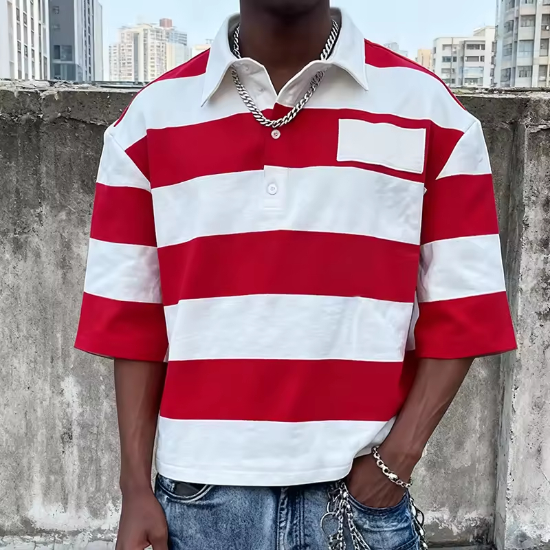 Classic Retro Stripe Pattern Casual Oversized Polo Shirt