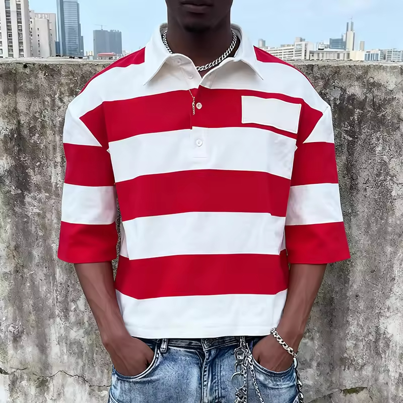 Classic Retro Stripe Pattern Casual Oversized Polo Shirt