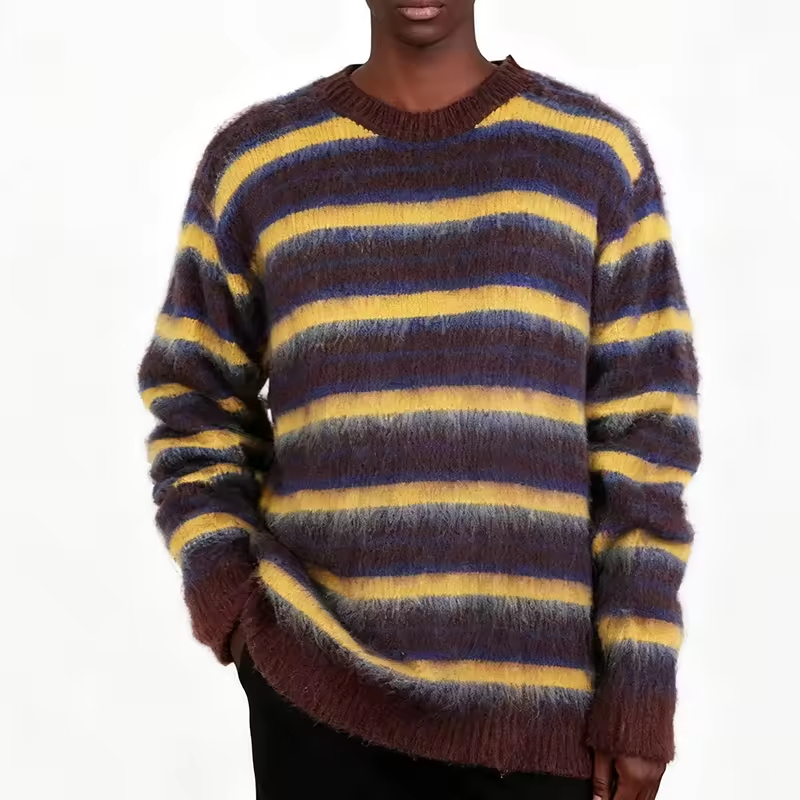 Striped Design Knitted Pullover Mohair Sweater