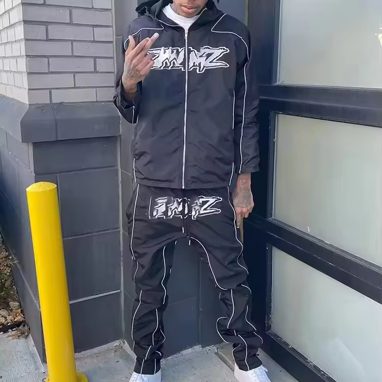 Streetwear Print Zip Jacket and Jogger Pants Reflective Tracksuit Set