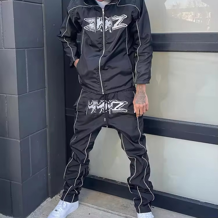 Streetwear Print Zip Jacket and Jogger Pants Reflective Tracksuit Set
