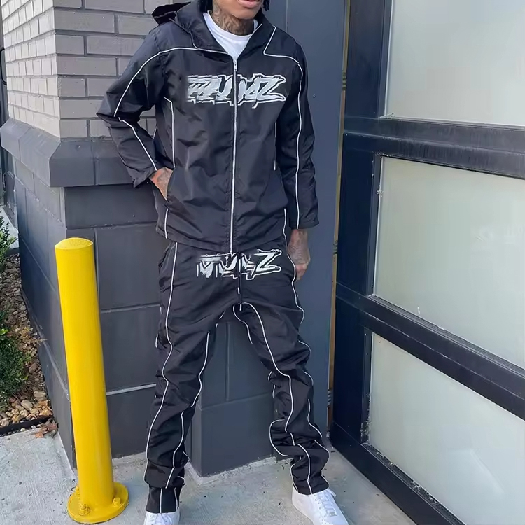 Streetwear Print Zip Jacket and Jogger Pants Reflective Tracksuit Set