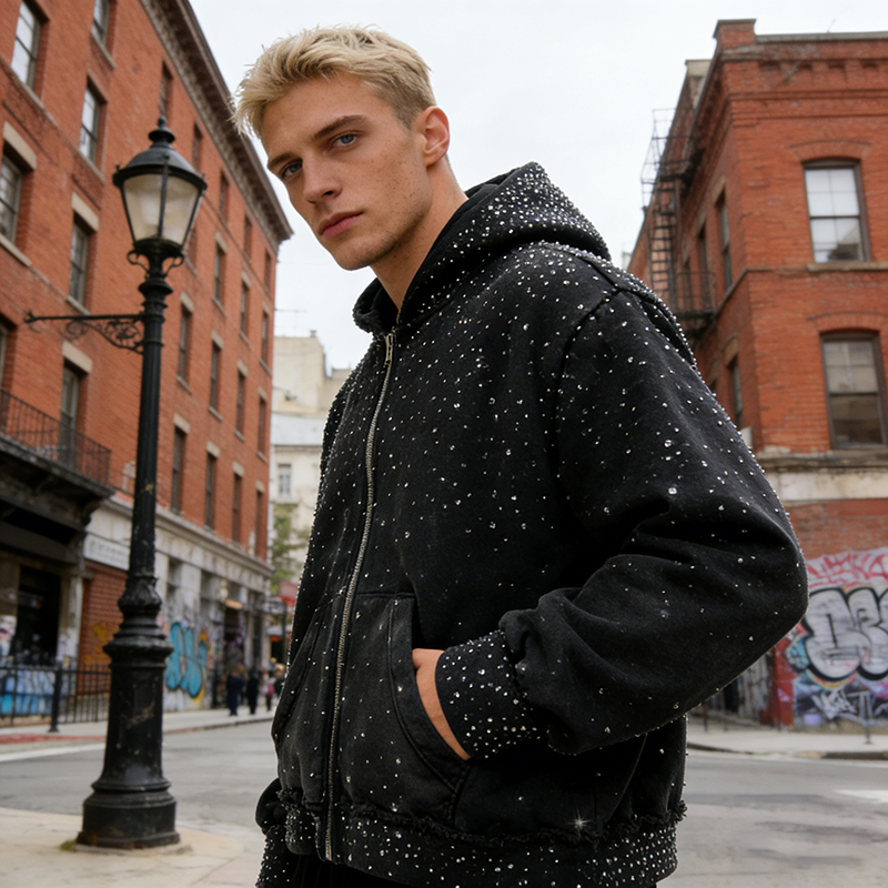 Zip up Rhinestone Hoodie