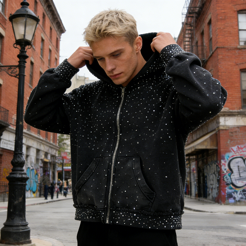 Zip up Rhinestone Hoodie