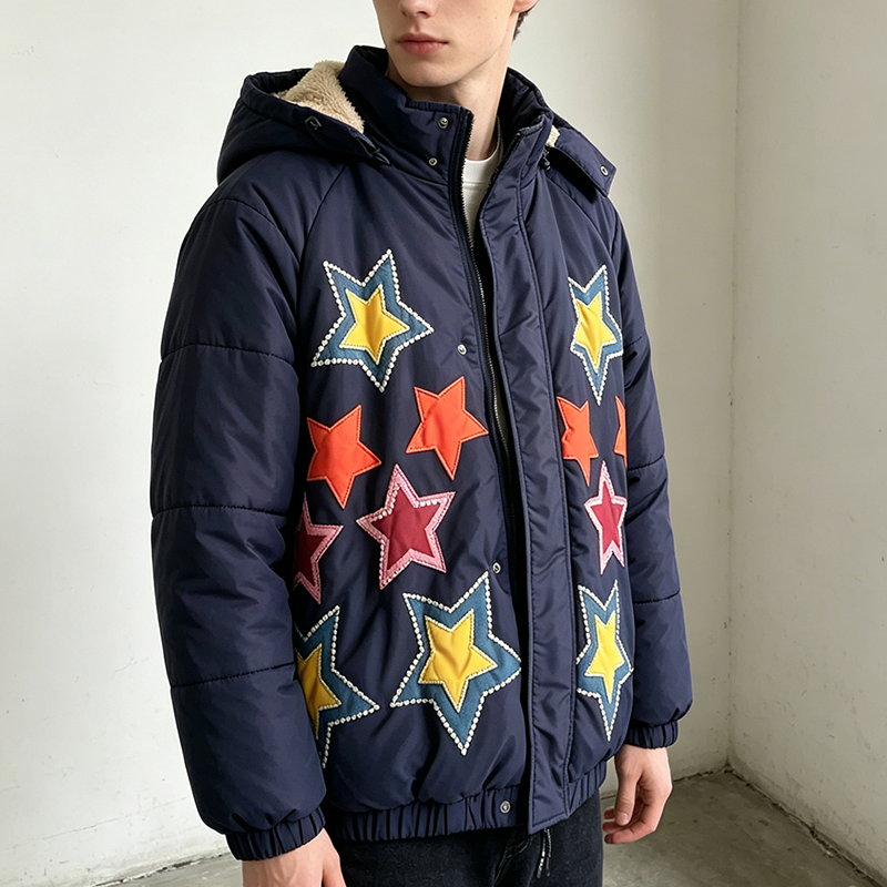 Star Patchwork Hooded Puffer Jacket