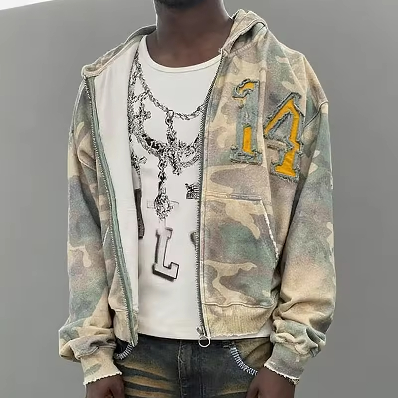Men's oversized camo hoodie with distressed