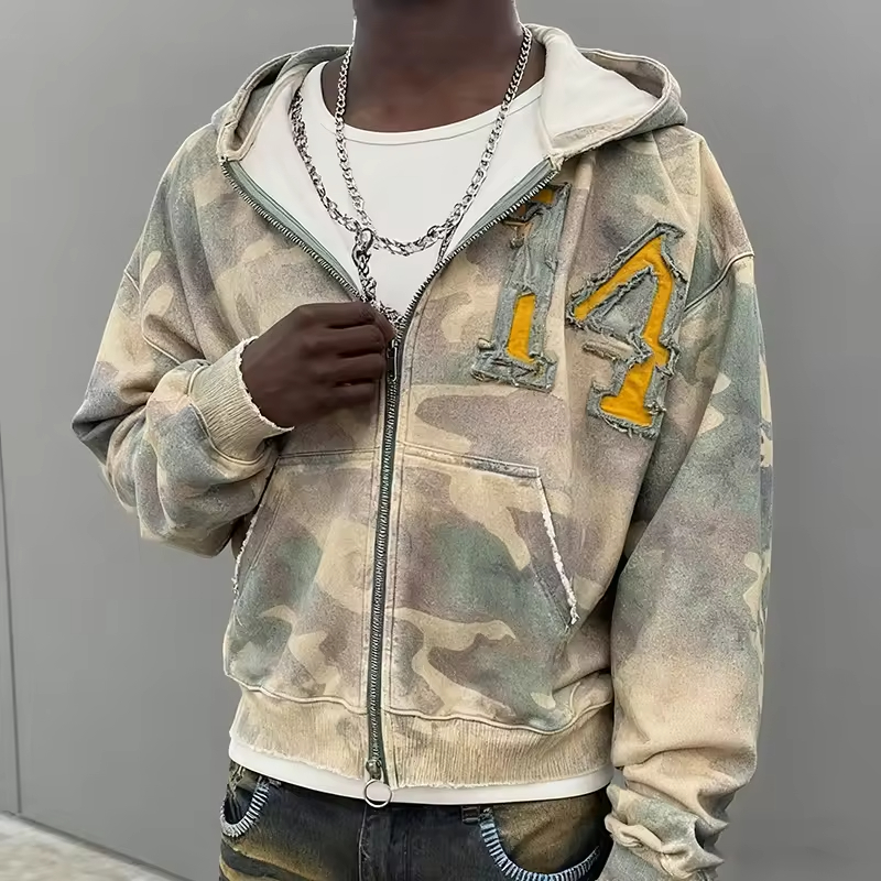Men's oversized camo hoodie with distressed