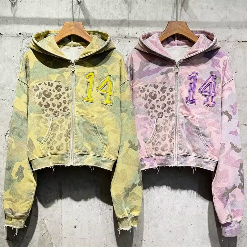 Men's oversized camo hoodie with distressed