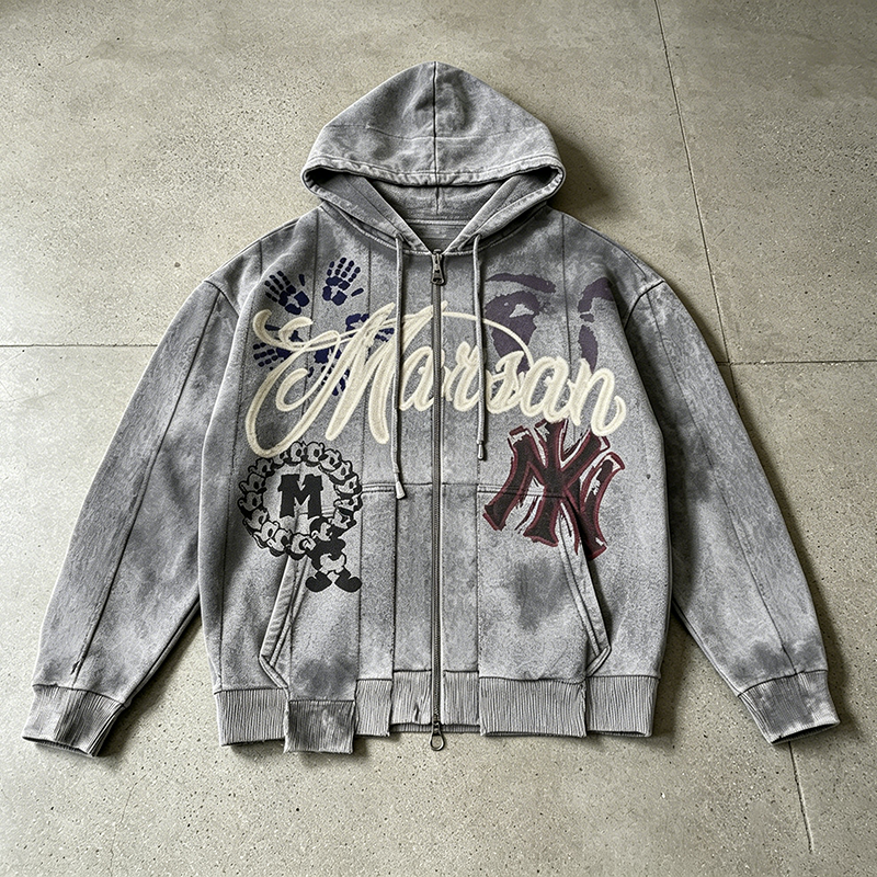 Acid Wash Graphic Full Zip Hoodie