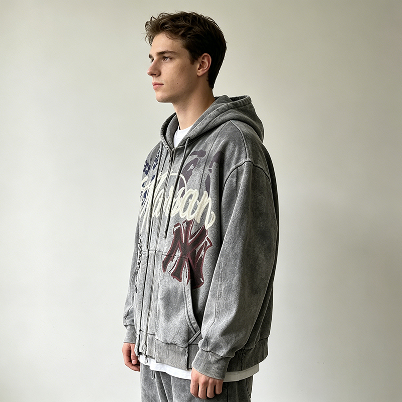 Acid Wash Graphic Full Zip Hoodie