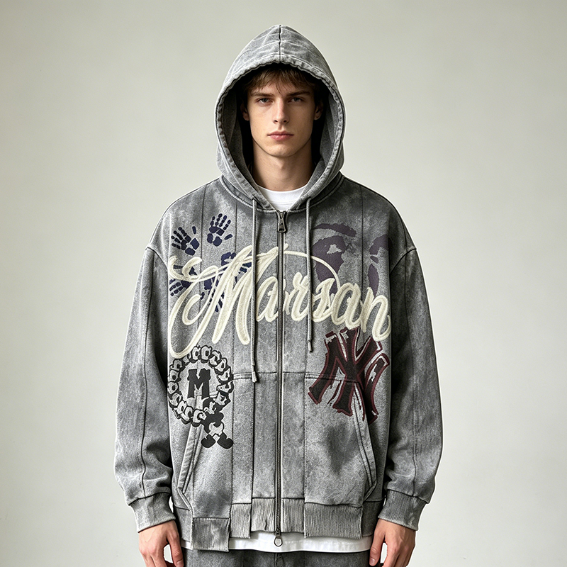 Acid Wash Graphic Full Zip Hoodie