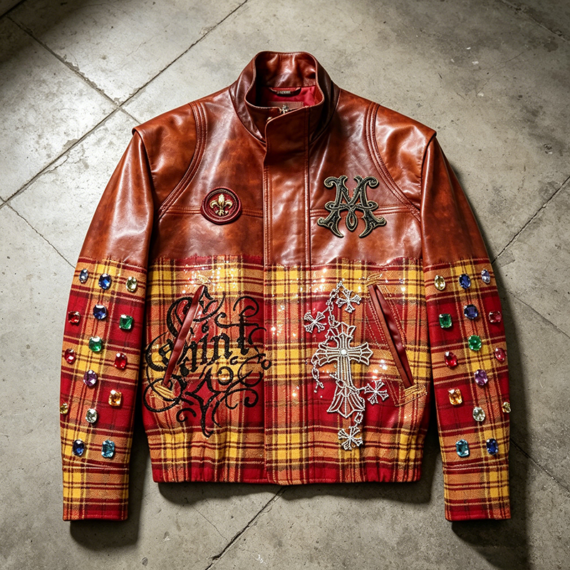 Plaid Patchwork  Leather Jacket