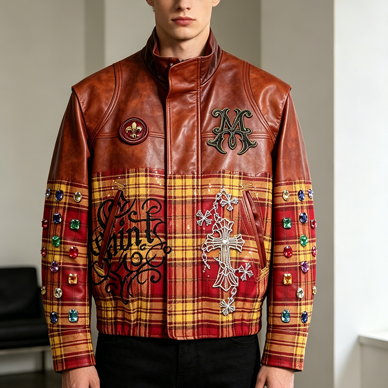 Plaid Patchwork  Leather Jacket