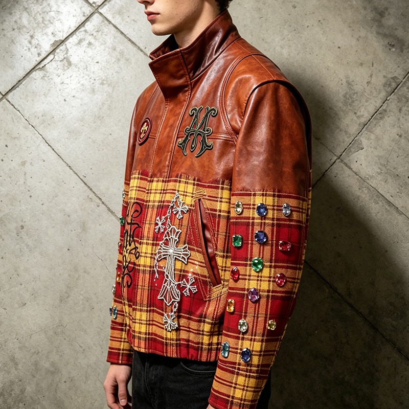 Plaid Patchwork  Leather Jacket