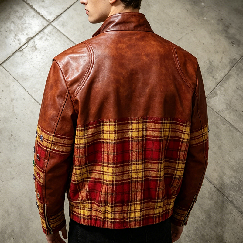 Plaid Patchwork  Leather Jacket