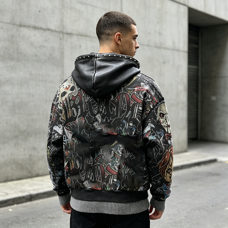 Graphic Leather Hood Hoodie