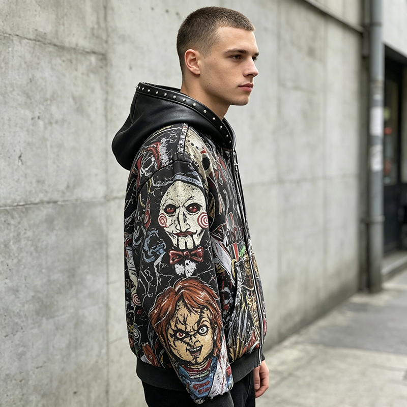 Graphic Leather Hood Hoodie