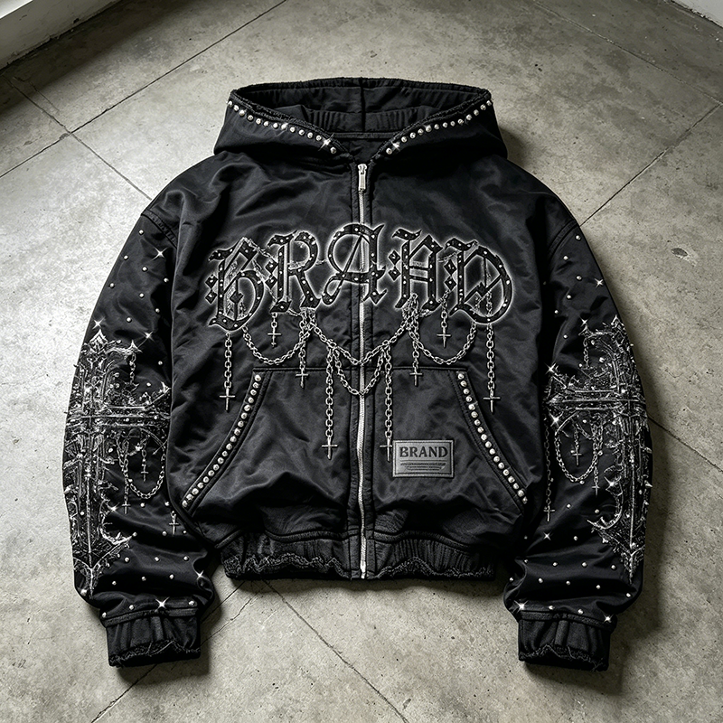 Metal Chain Rhinestone Hooded Jacket