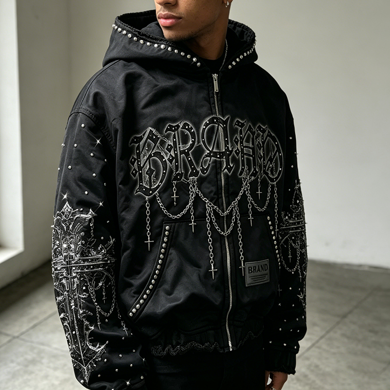 Metal Chain Rhinestone Hooded Jacket