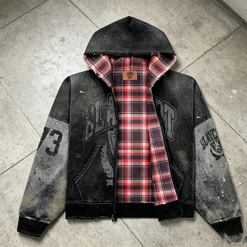 Vintage Plaid Lined Zip-Up Hoodie