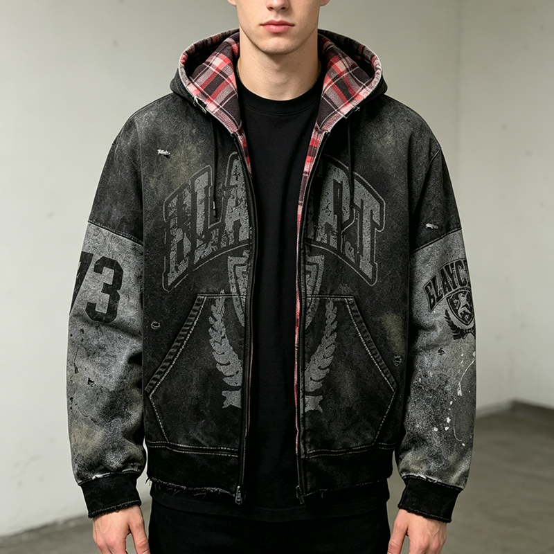 Vintage Plaid Lined Zip-Up Hoodie