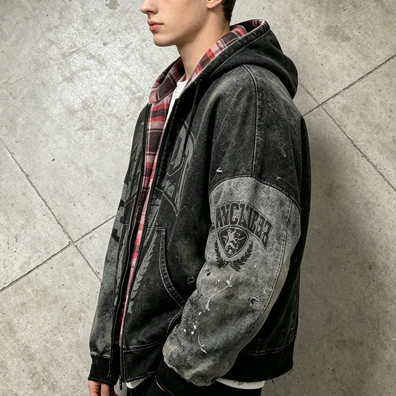 Vintage Plaid Lined Zip-Up Hoodie