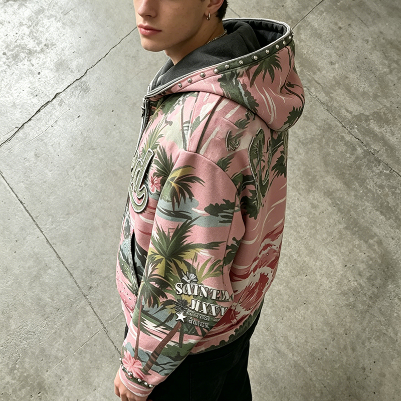 Rhinestone Sleeve Tropical Hoodie