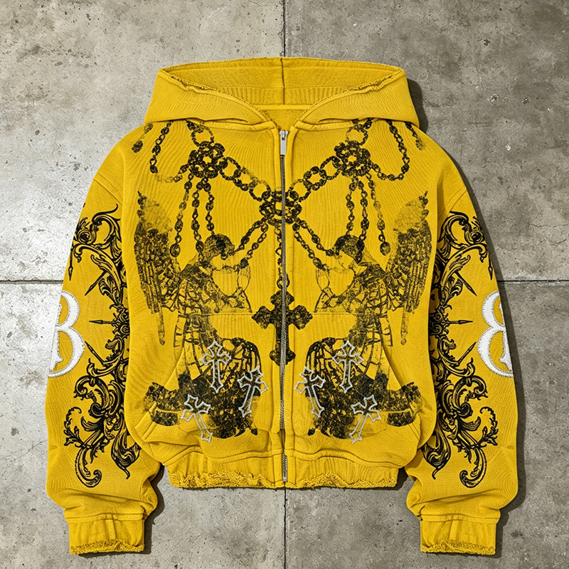 Angel Cross Distressed Full Zip Hoodie