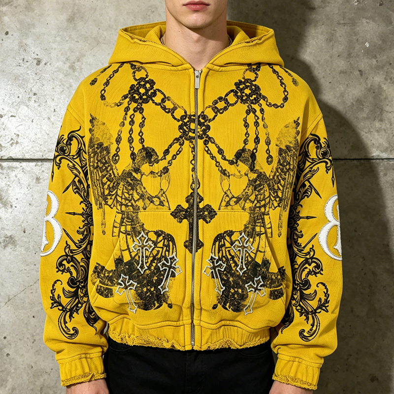 Angel Cross Distressed Full Zip Hoodie