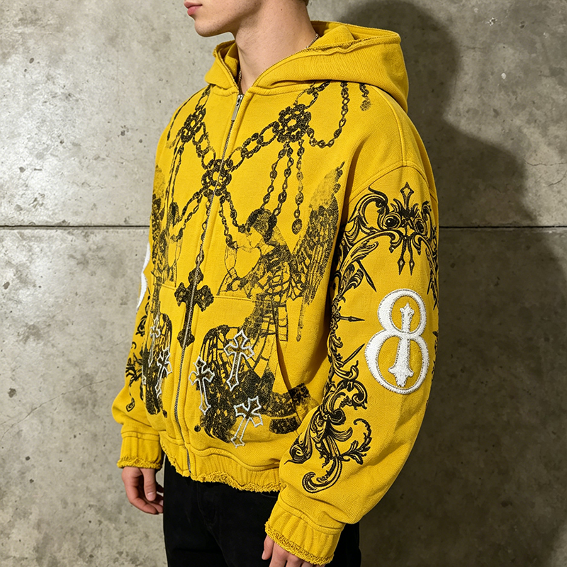 Angel Cross Distressed Full Zip Hoodie