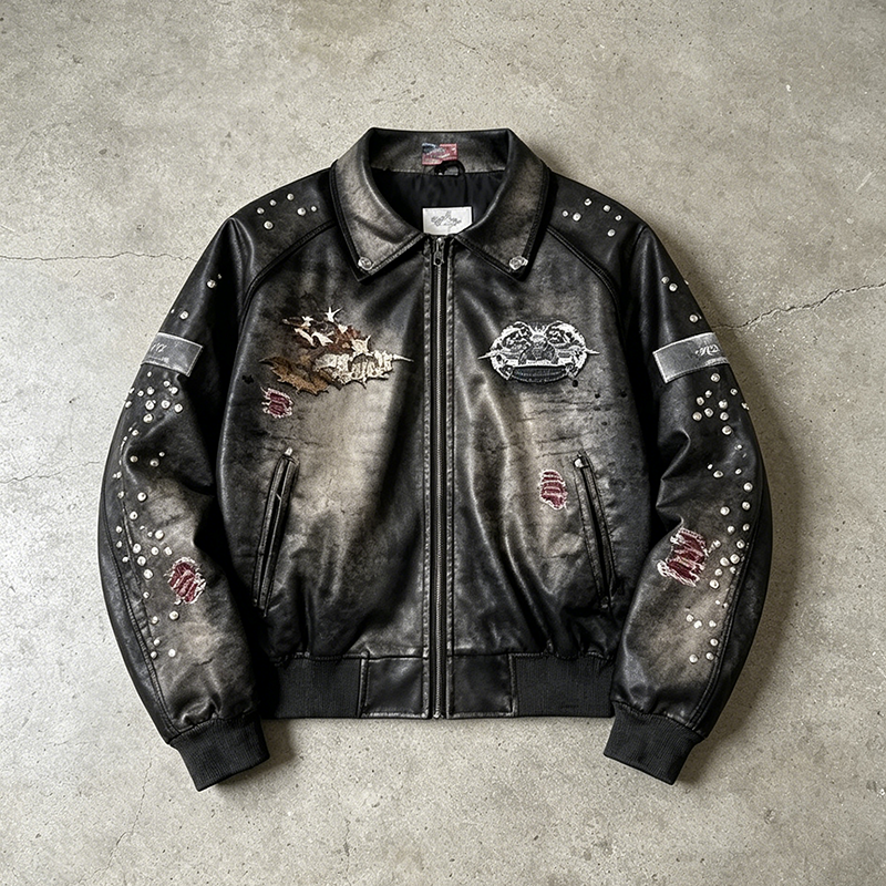 Distressed Studded Leather Bomber Jacket