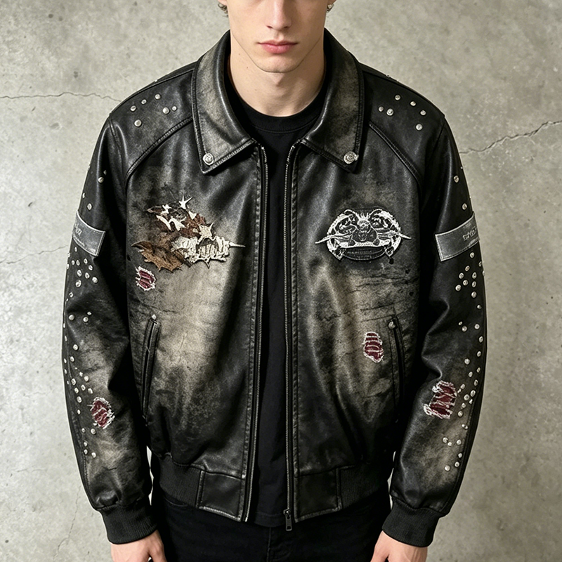 Distressed Studded Leather Bomber Jacket