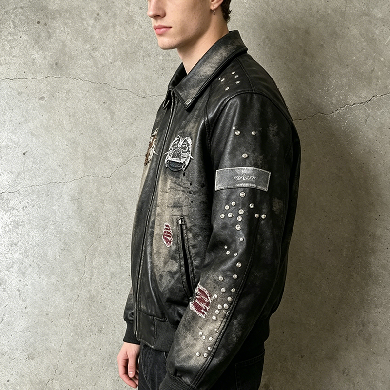 Distressed Studded Leather Bomber Jacket