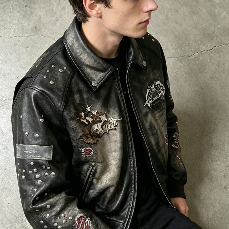 Distressed Studded Leather Bomber Jacket
