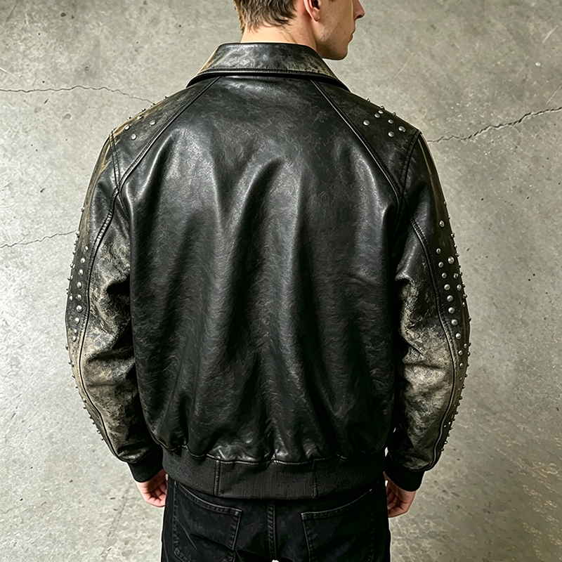 Distressed Studded Leather Bomber Jacket