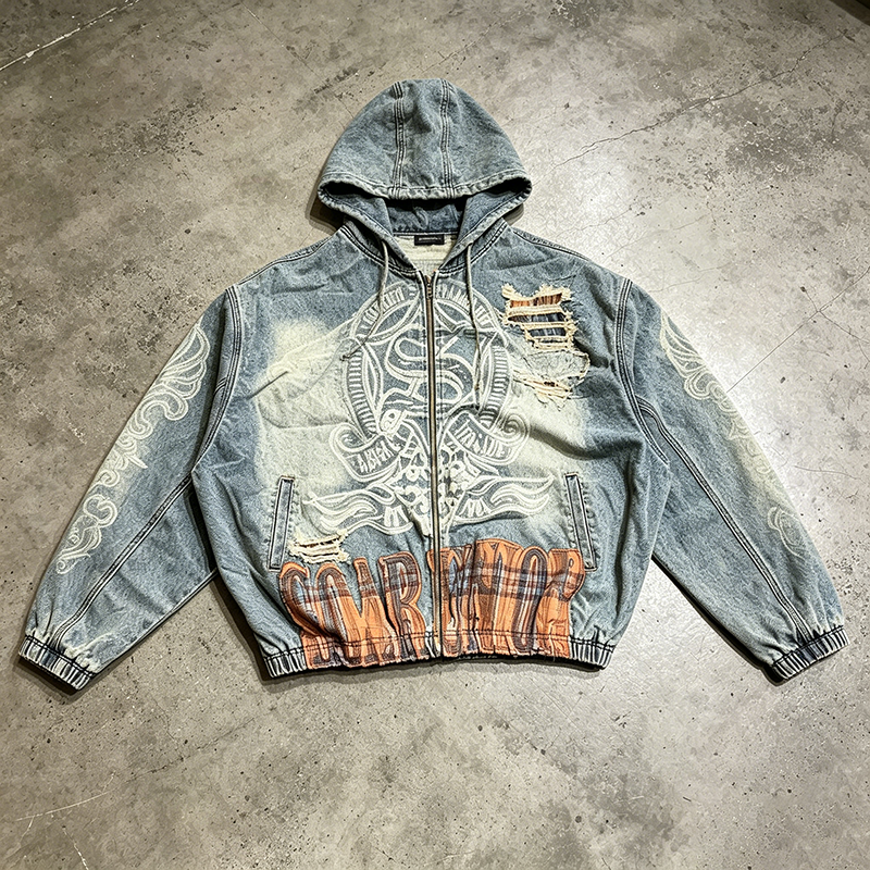 Distressed Denim Zip-Up Hoodie