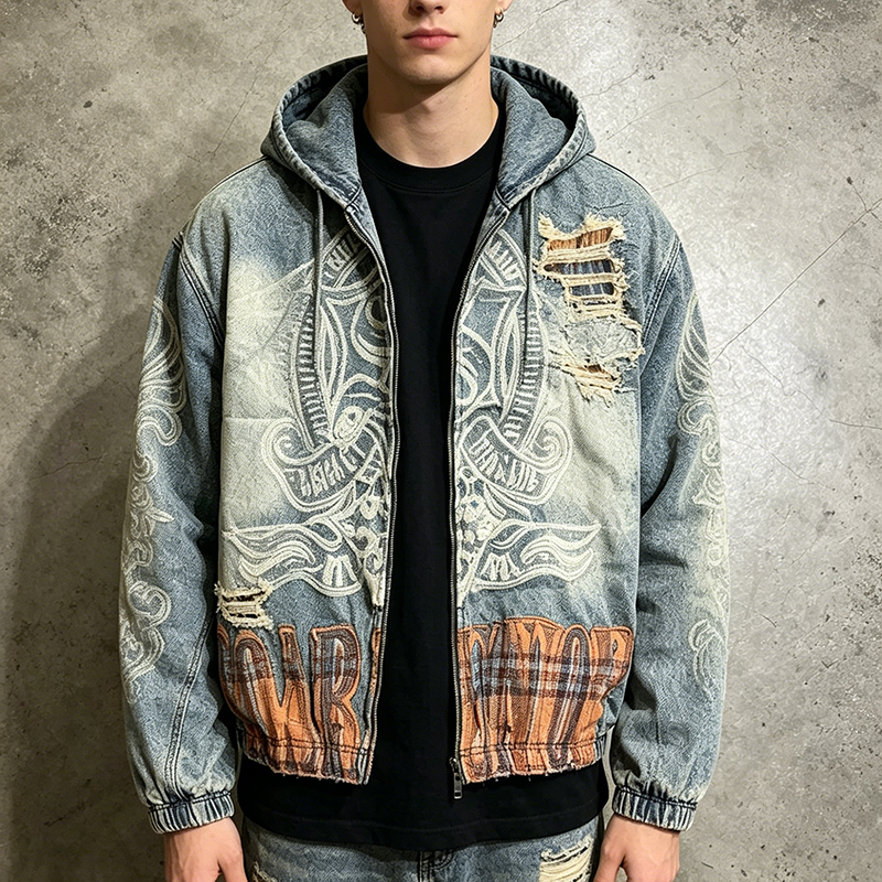 Distressed Denim Zip-Up Hoodie