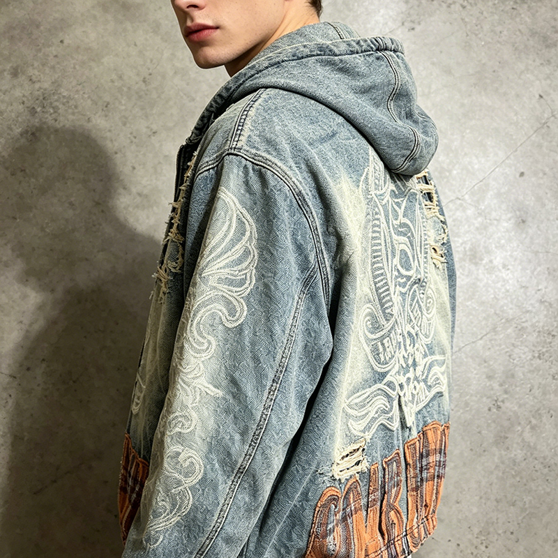 Distressed Denim Zip-Up Hoodie
