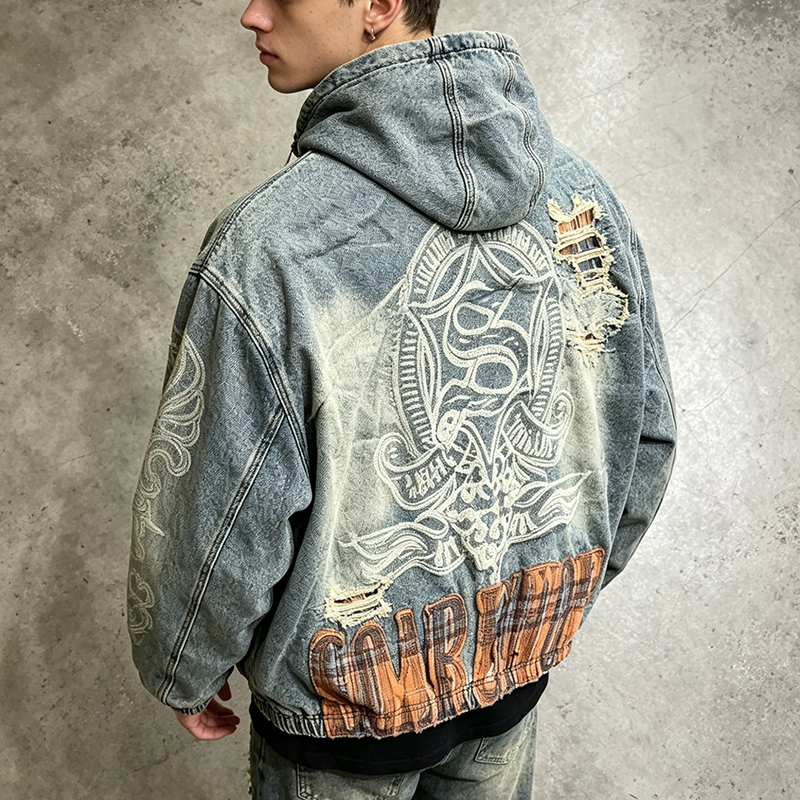 Distressed Denim Zip-Up Hoodie