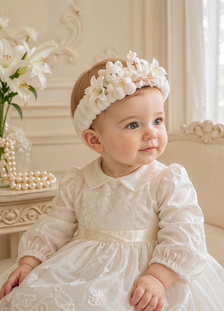 Bandeau de baptême bébé avec ourson bougie amovible
