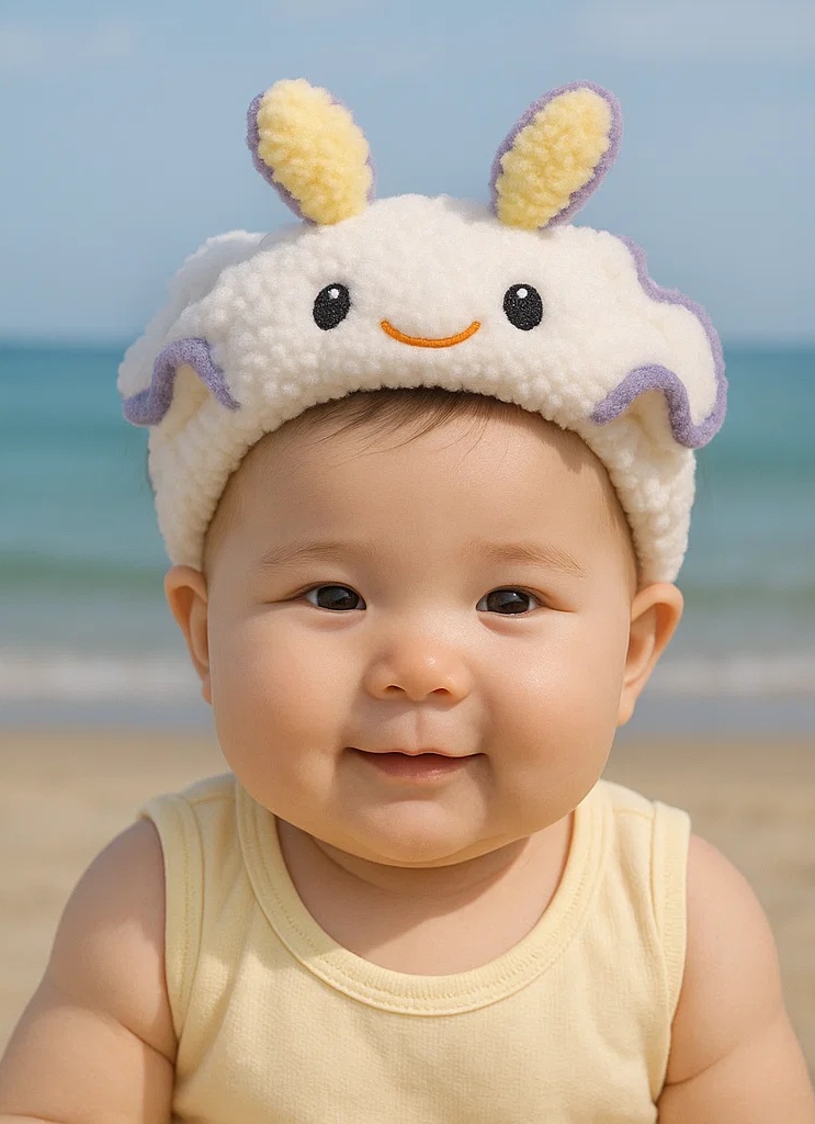 Ivory Smiling Sea Slug Plush Baby Headband – Cozy Fleece Marine Style