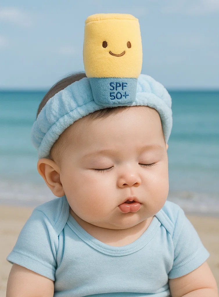 Kollane beebipeapael SPF 50+ naeratava plüüsist pudeliga