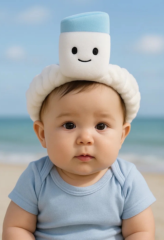 Bandeau bébé bateau à voile bleu et blanc avec flacon SPF en peluche - version blanche