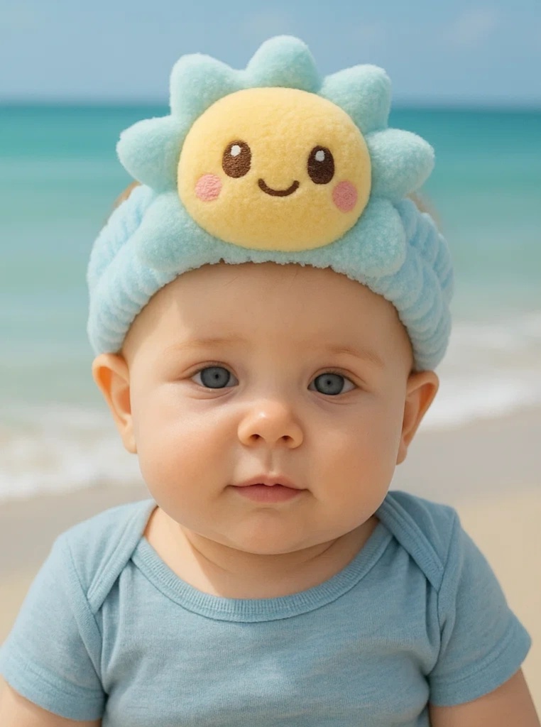 Cute Round Sunshine Baby Headband – Plush Blue Rays Design