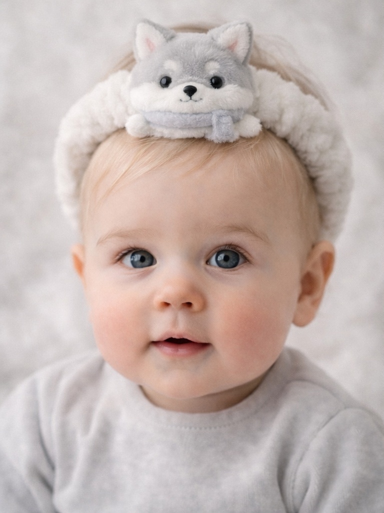 Soft Plush Baby Headband with Removable Husky Dog Plush Toy