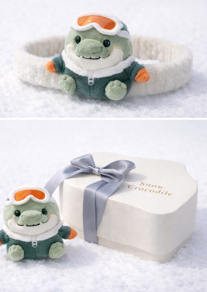 Plush Snow Crocodile Baby Headband - Cute Crocodile in Winter Gear for Baby Photos